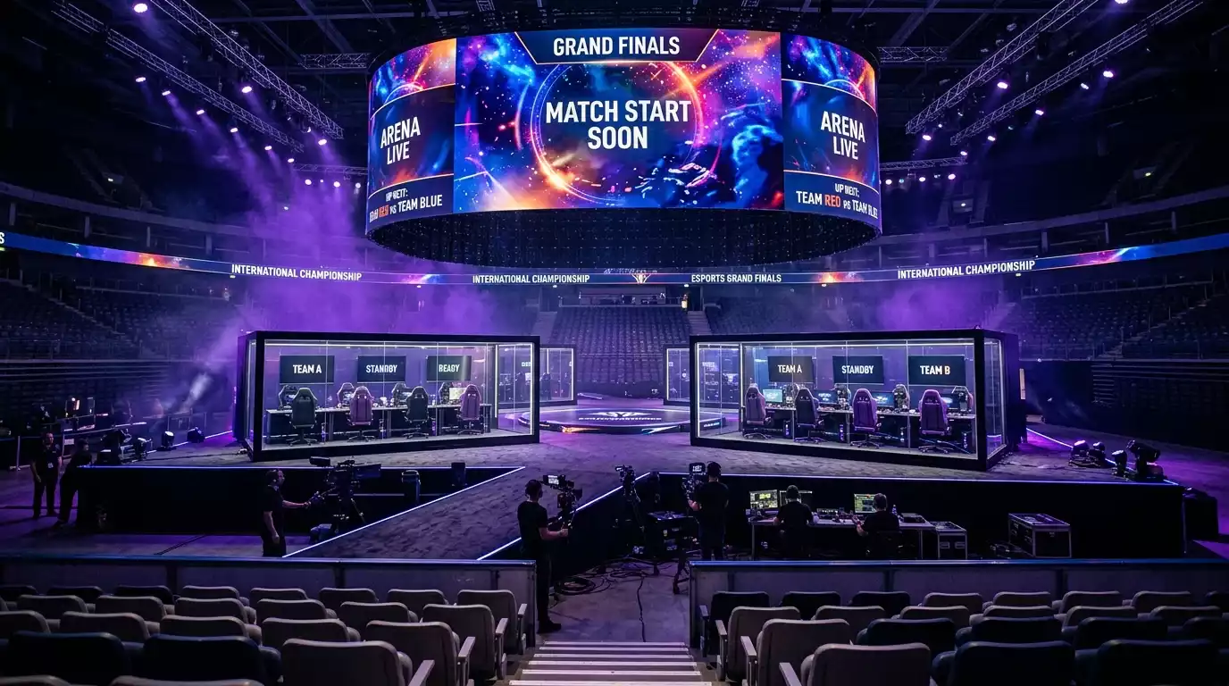 League of Legends Worlds Finals stage set up in front of a packed international audience
