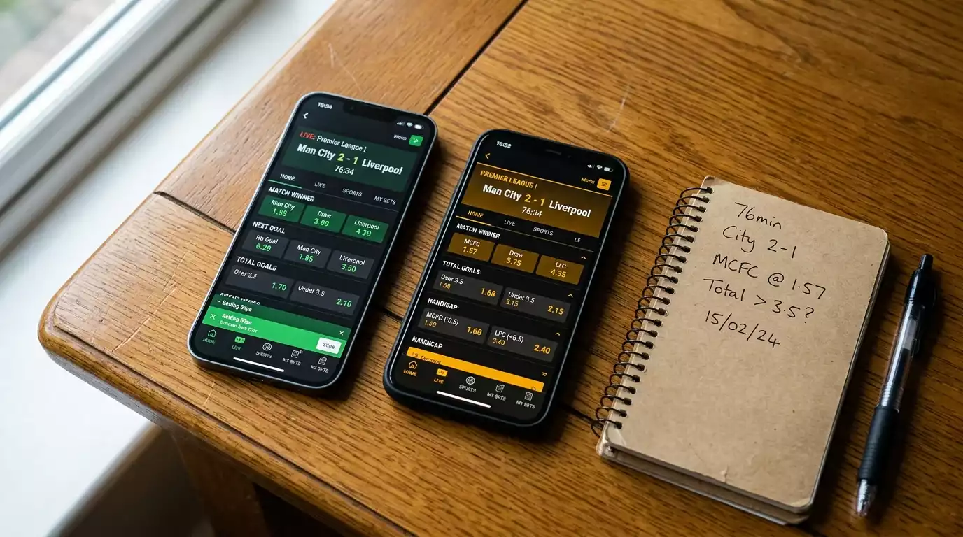 Two UK sportsbooks open side by side on mobile devices for live in-play comparison during a match