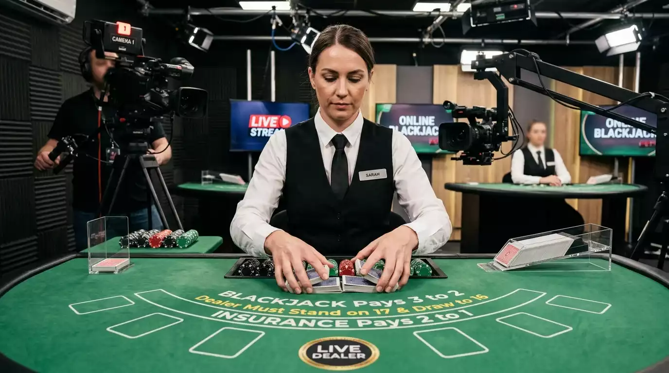 Live blackjack dealer running an online table for UK players