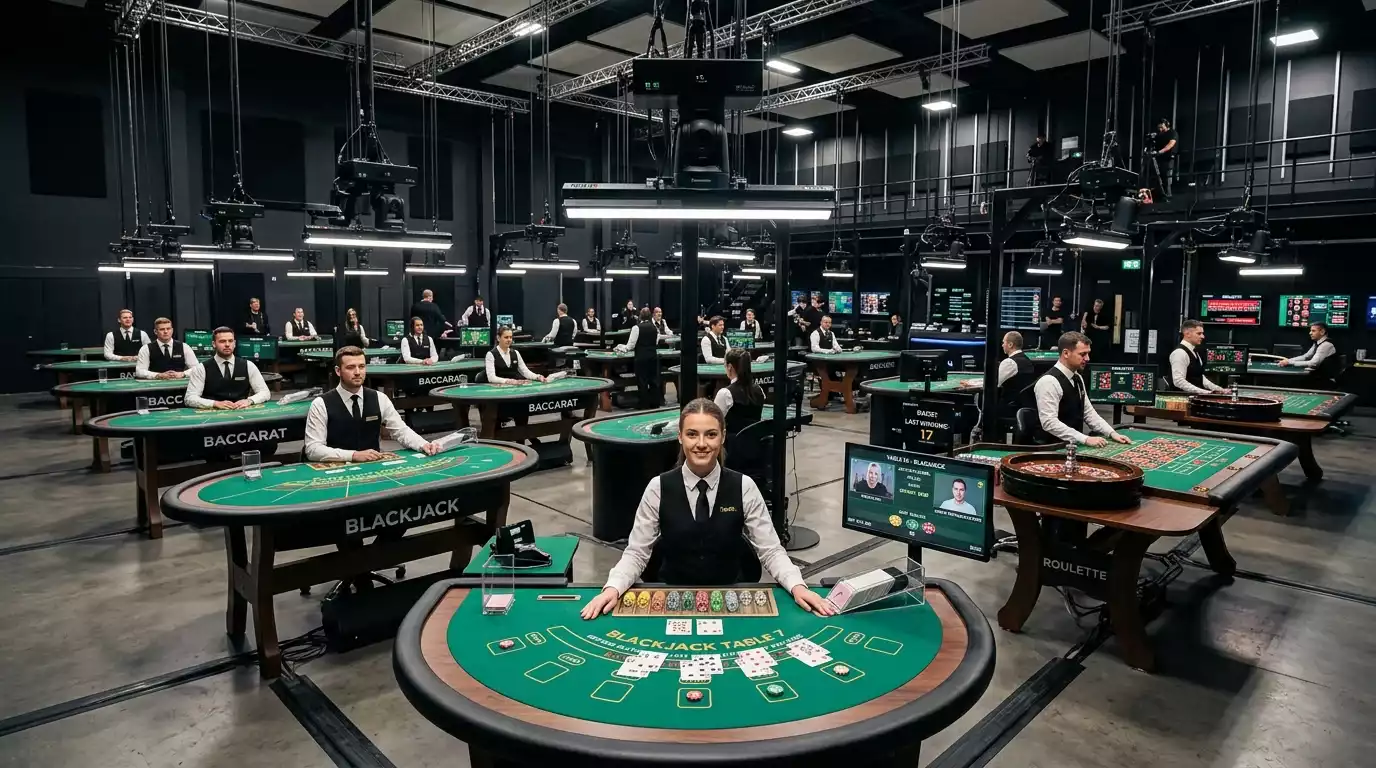 Interior of a live casino broadcast studio with multiple gaming tables