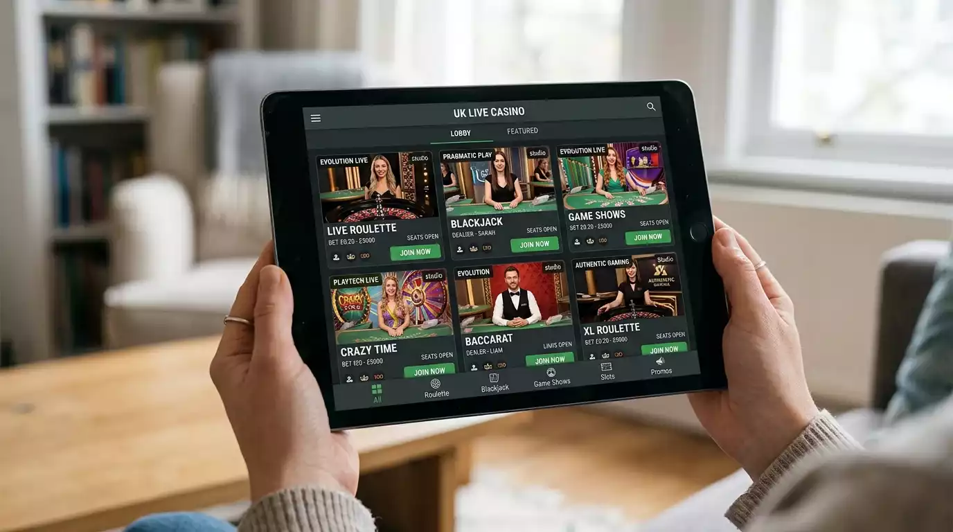 Tablet displaying a live casino lobby with multiple active dealer tables