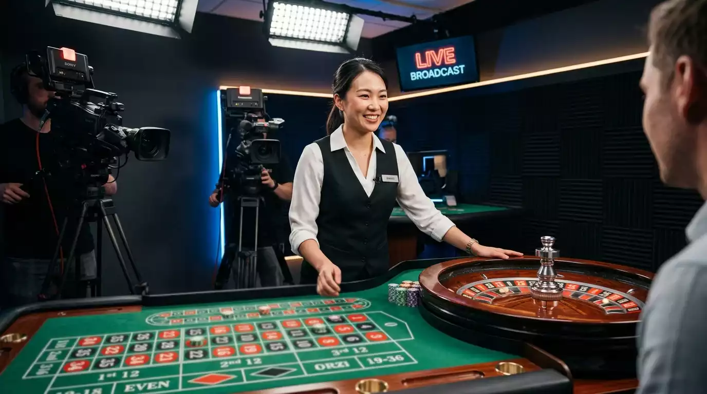 Professional live-dealer broadcast studio with a smiling croupier at a roulette wheel under bright stage lighting