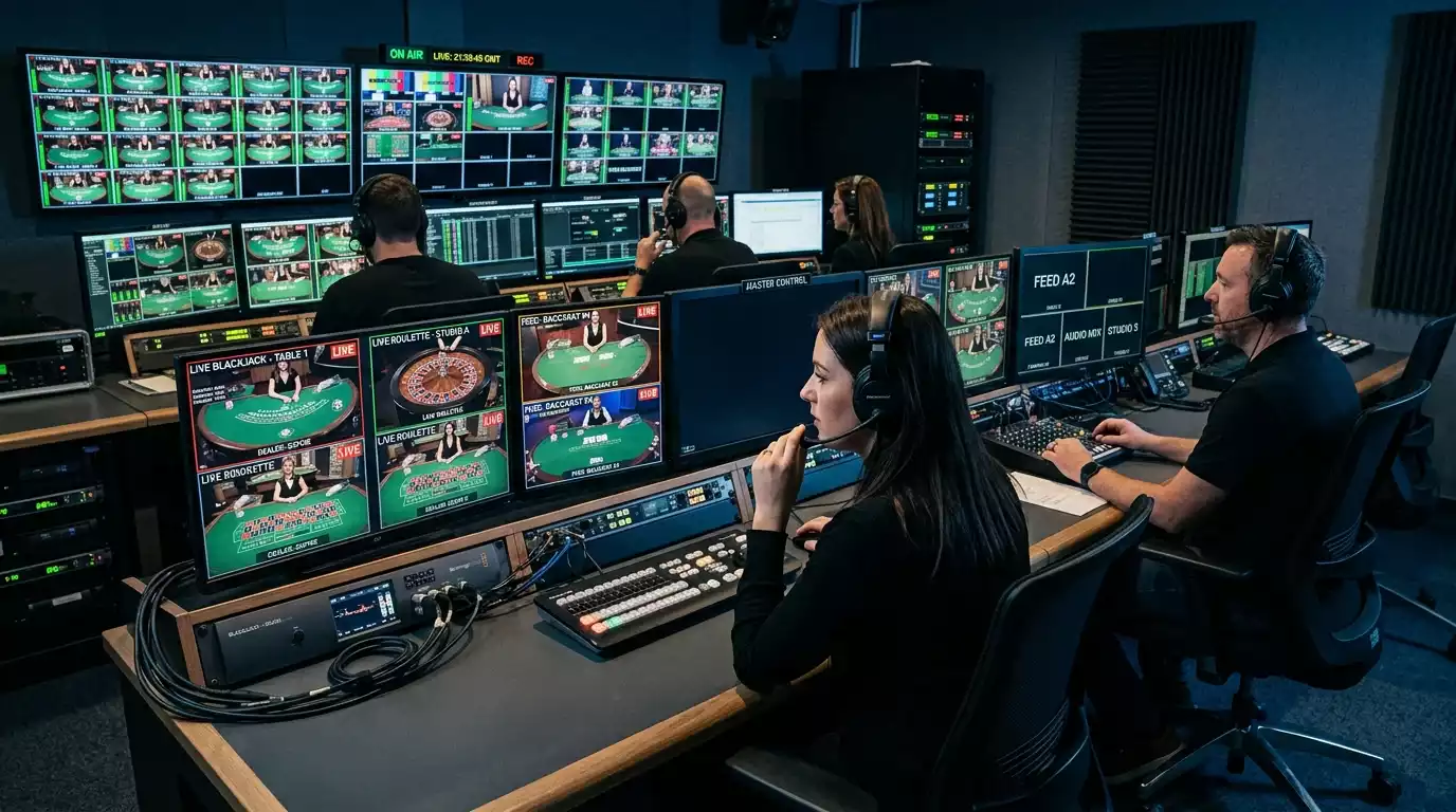 Control room operators monitoring live casino streams on multiple screens