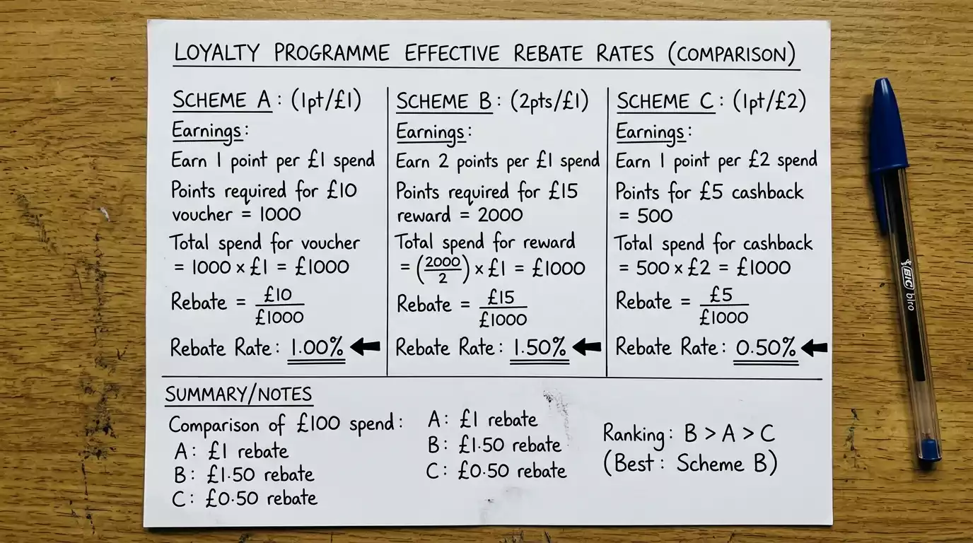 Worked example calculating effective rebate from a UK casino loyalty programme on a paper worksheet