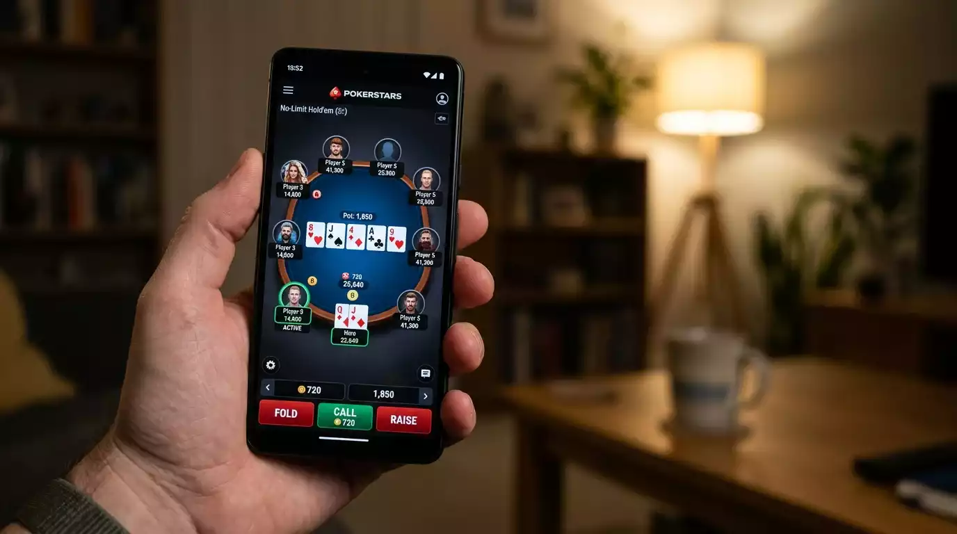 Smartphone running a poker client during an evening session
