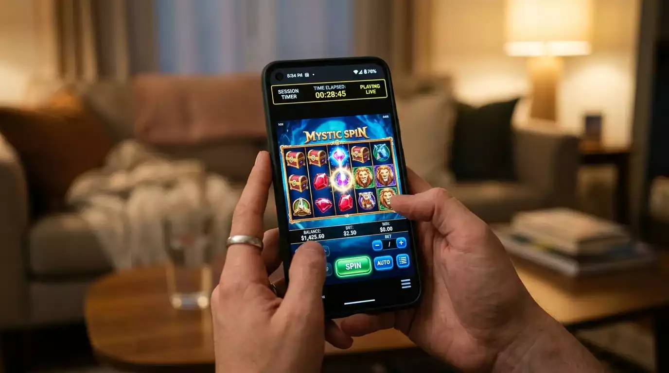 Phone screen with a visible session timer above an active slot game