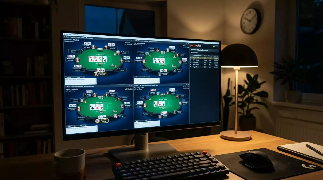 Multi-table poker tournament view on a desktop client