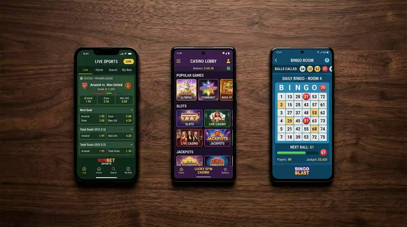 Multiple phone screens showing sportsbook, casino and bingo app sections
