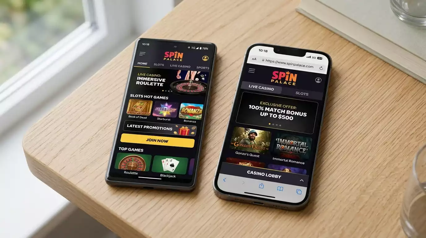 Two smartphones side by side comparing a native gambling app and a mobile web version