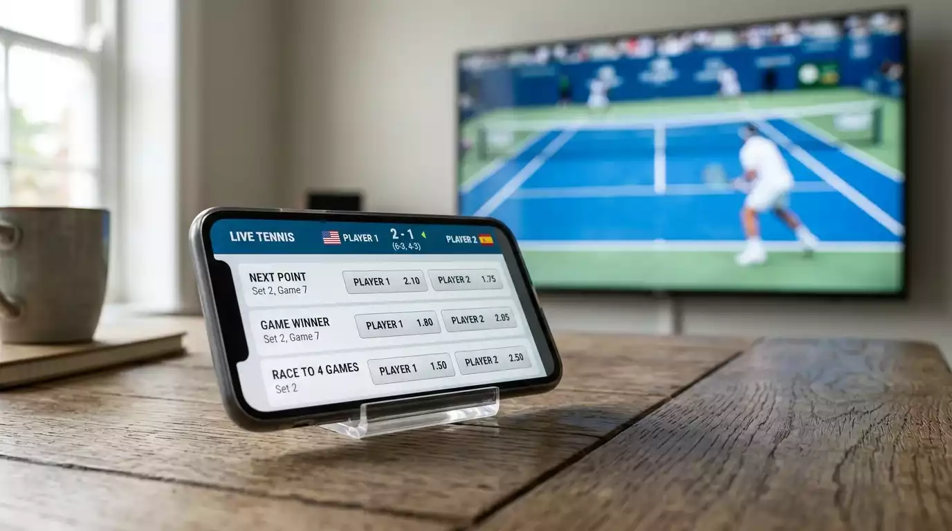 Mobile sportsbook showing next-point and race-to-points micro markets during a live tennis match