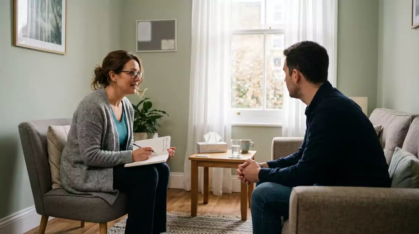A calm NHS counselling room where a therapist sits opposite a patient mid-conversation in soft daylight from a tall window