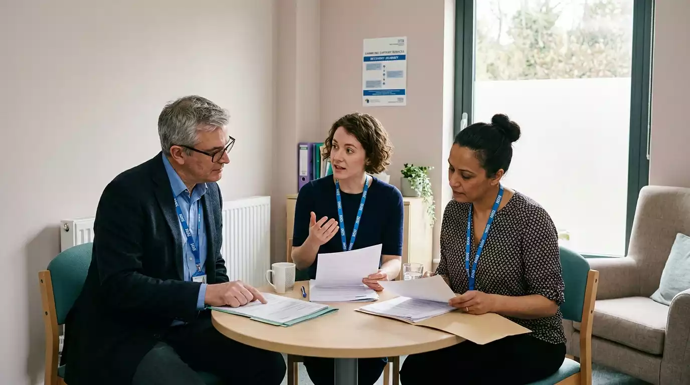 A small NHS gambling-treatment clinical team in a calm consulting room reviewing referral notes together