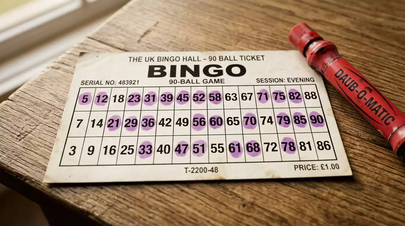 Close-up of a 90-ball bingo ticket with numbers being marked off