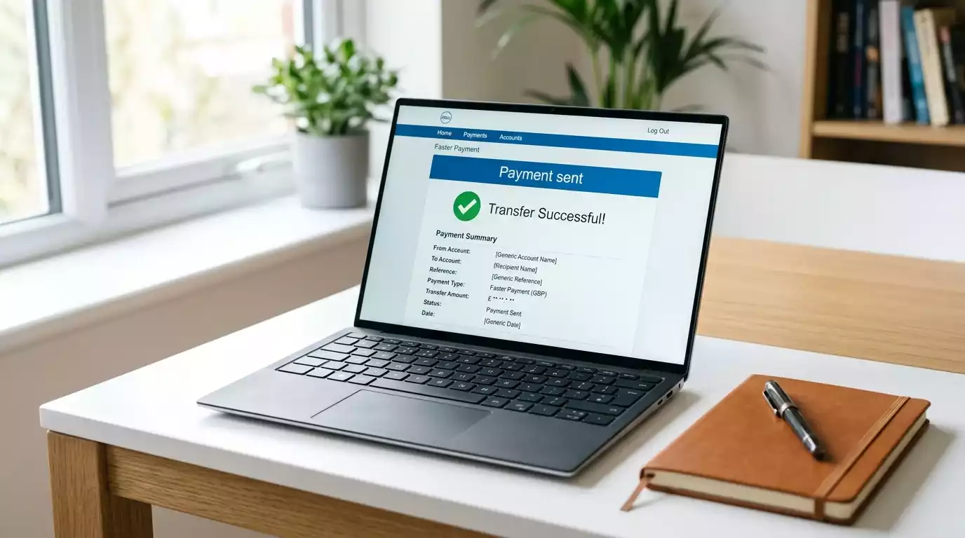 A British online-banking interface on a laptop displaying a completed Faster Payments transfer confirmation screen