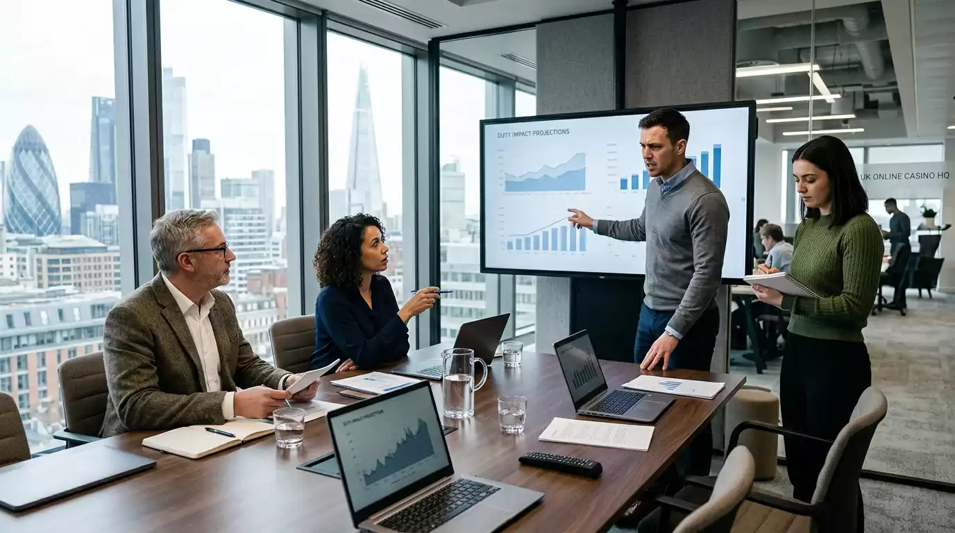A finance team at a UK online casino headquarters reviewing duty-impact projections on a large meeting-room screen
