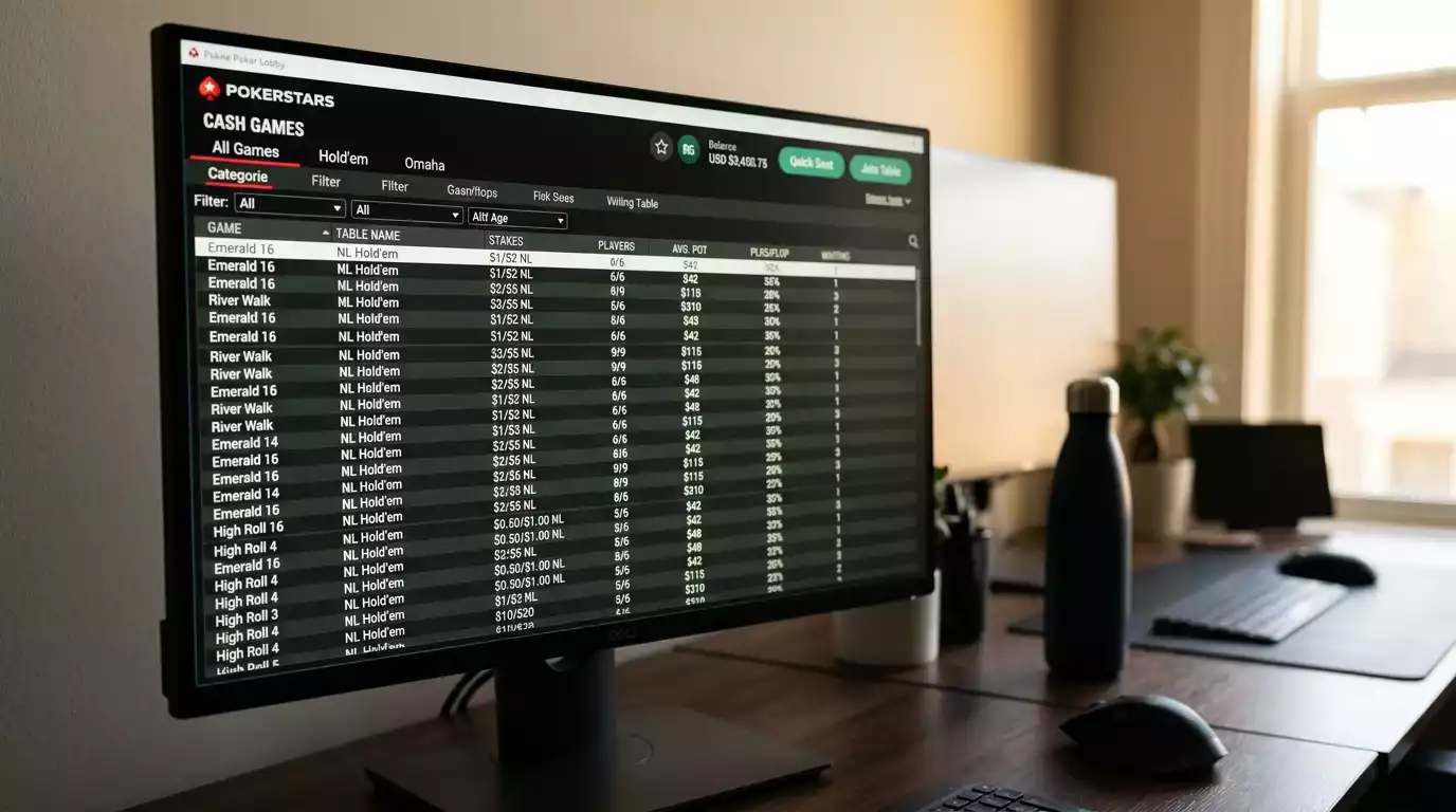 Online poker lobby showing active cash game tables and traffic levels