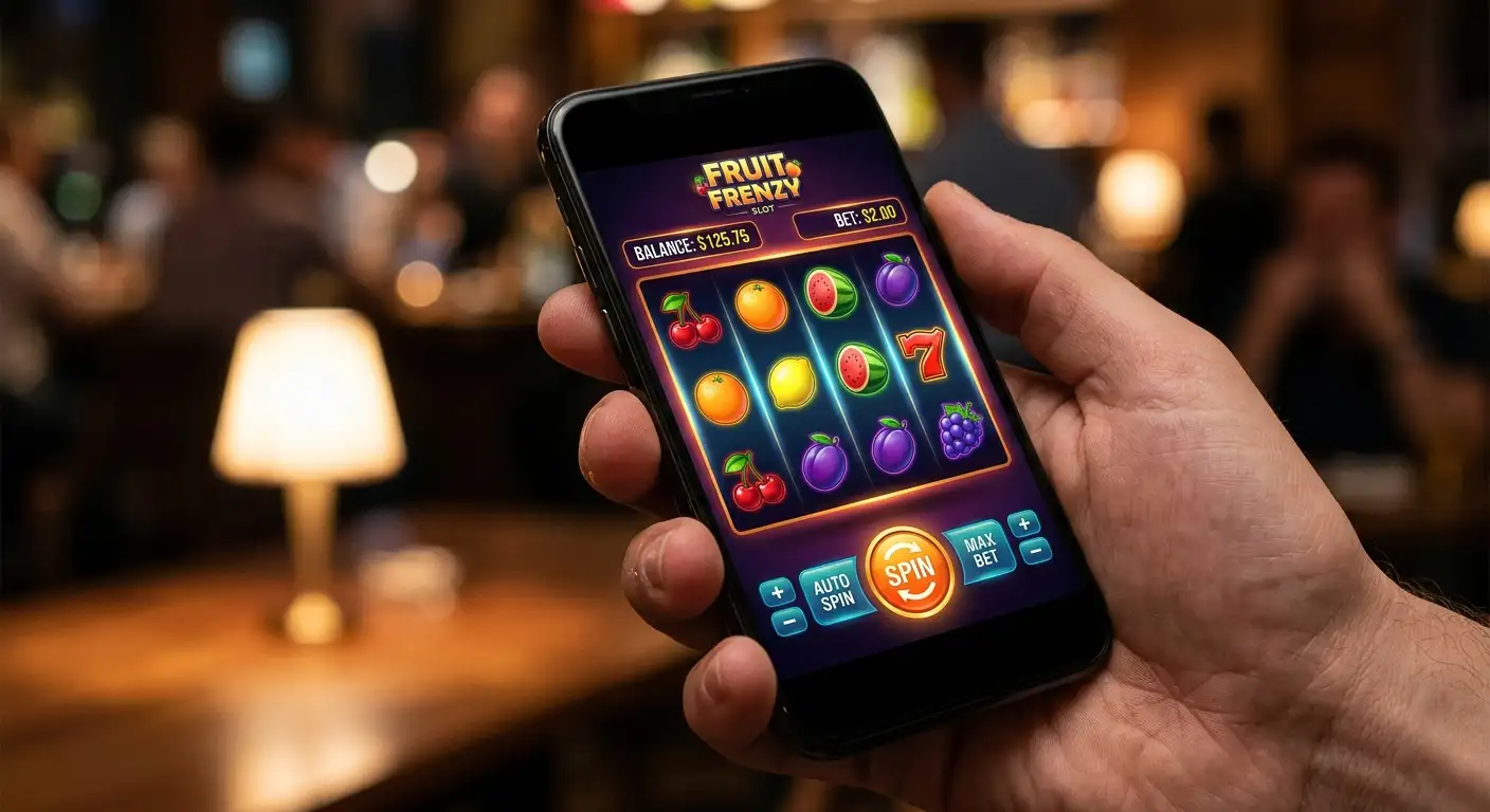 A close-up of an online slot game running on a modern smartphone held in a person's hand in dim evening light