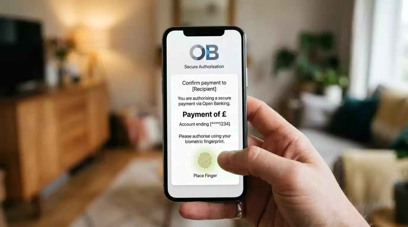 A smartphone showing an Open Banking authorisation screen with the user's UK bank logo and a biometric confirmation prompt