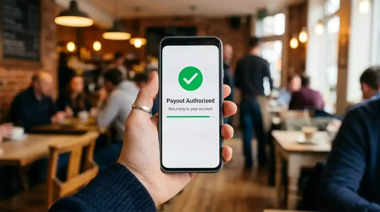 British smartphone showing an Open Banking confirmation screen for a casino withdrawal