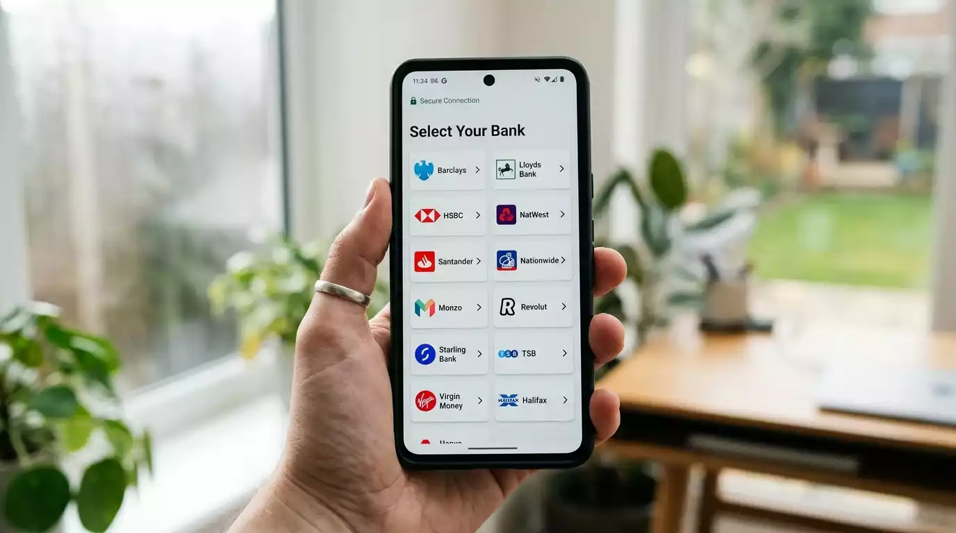 Open Banking screen listing UK retail banks for Trustly authentication