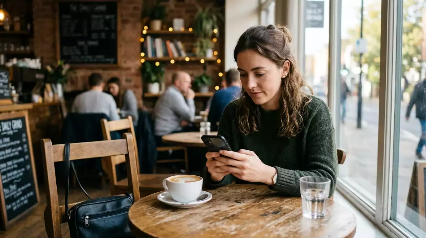 A British user opening a PayPal-style e-wallet app on a smartphone in a relaxed coffee-shop setting