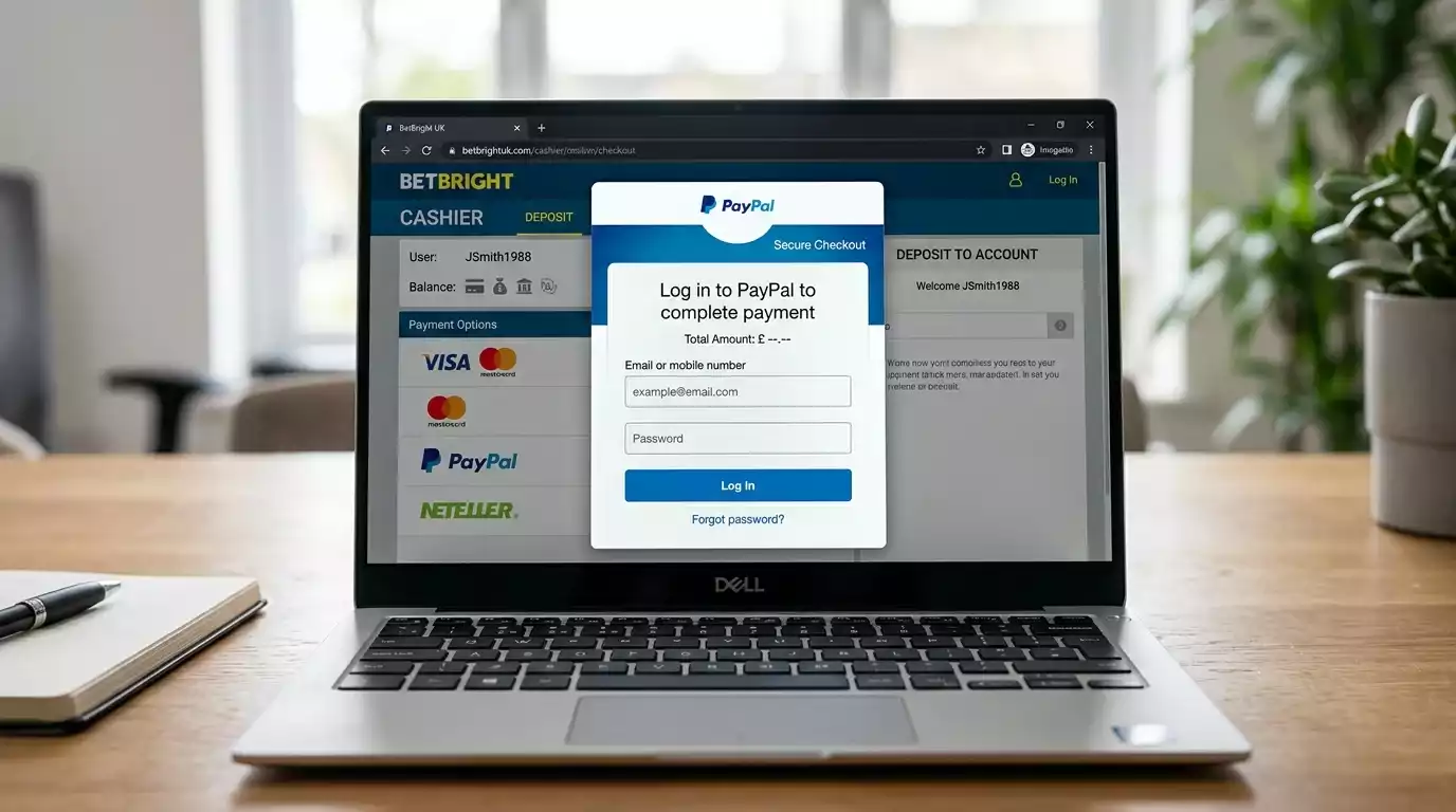 PayPal checkout overlay over a UK gambling site cashier