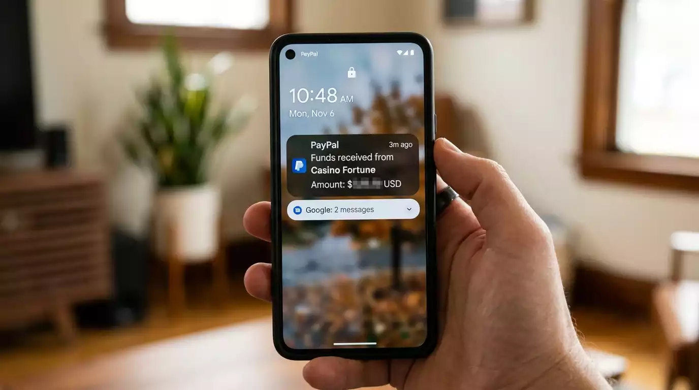 Phone displaying a PayPal withdrawal notification from a UK casino