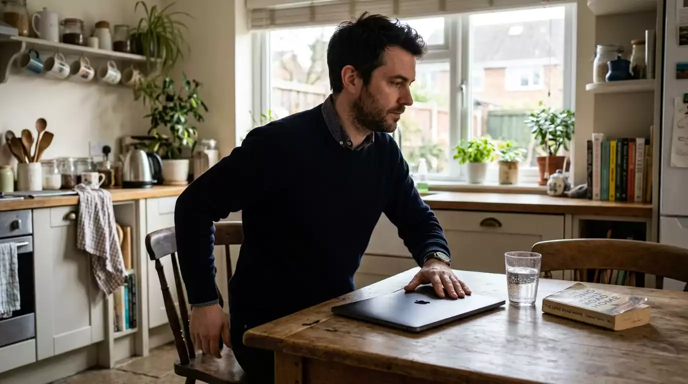 Person closing a laptop and stepping back from a desk as part of a planned gambling break