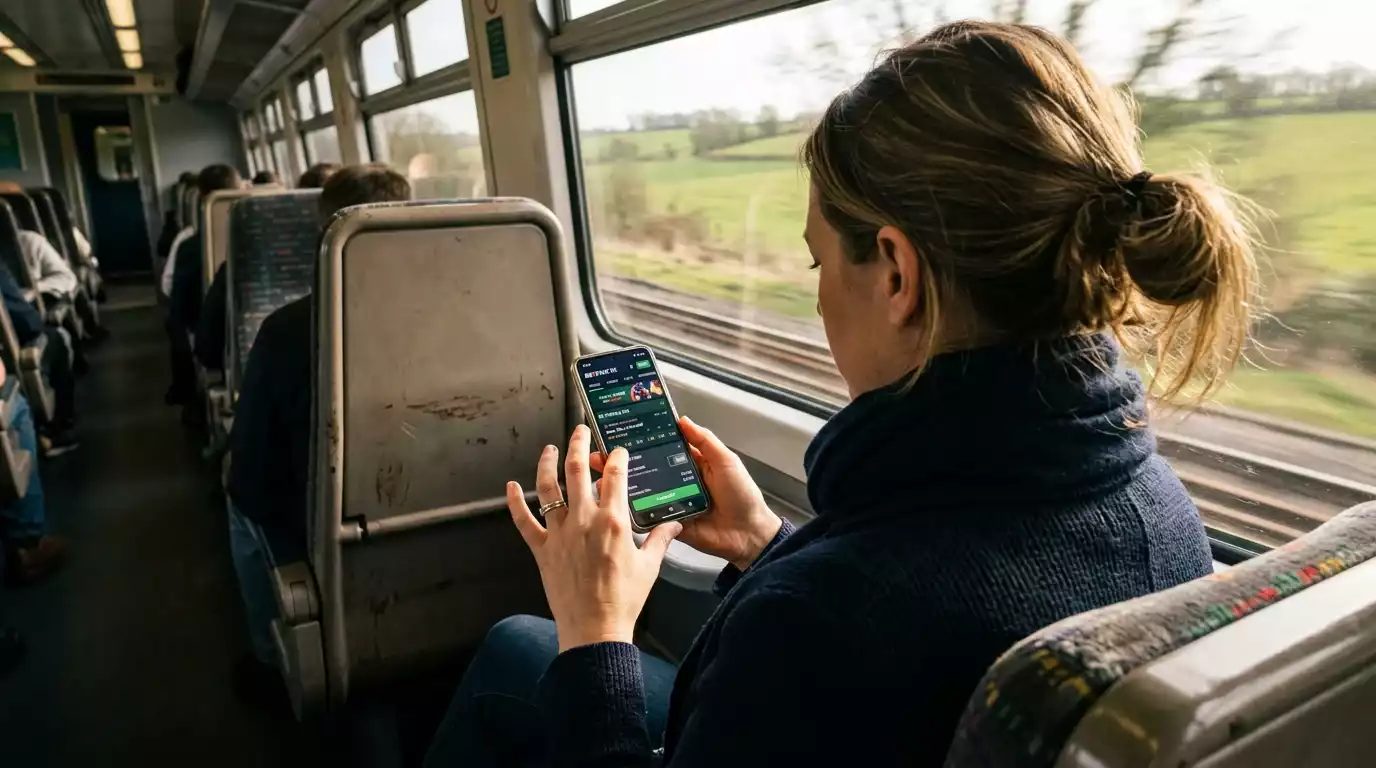 Commuter checking a gambling app on a phone on a UK train