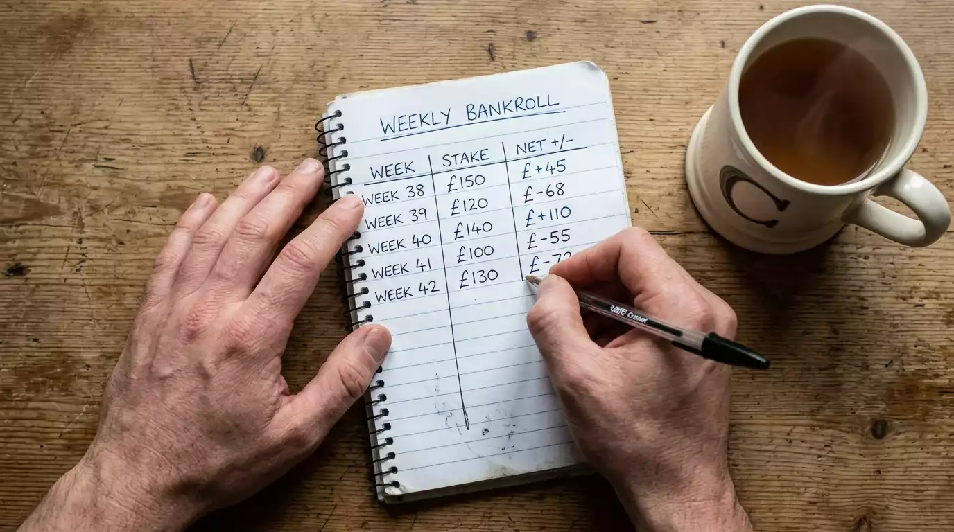 UK player tracking weekly bankroll discipline in a paper notebook with simple totals