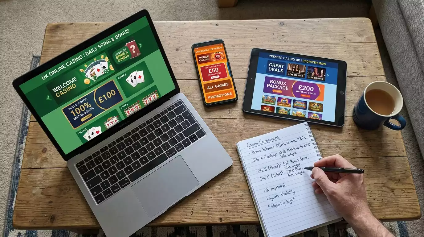 UK player comparing promotional pages from several casino operators on a phone and laptop