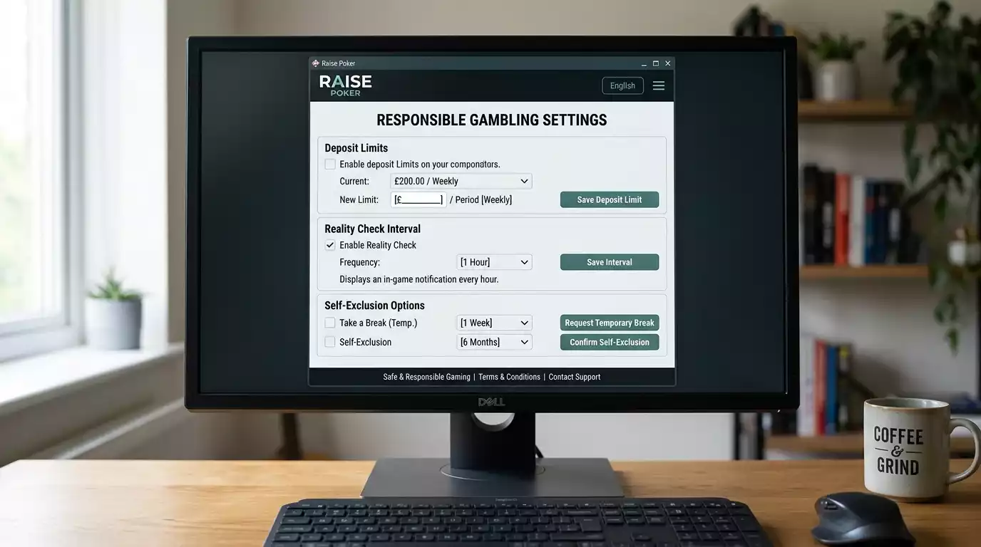 Poker client displaying UKGC responsible gambling controls