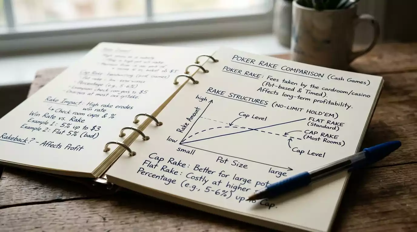 Player analysing poker rake structures in a handwritten notebook