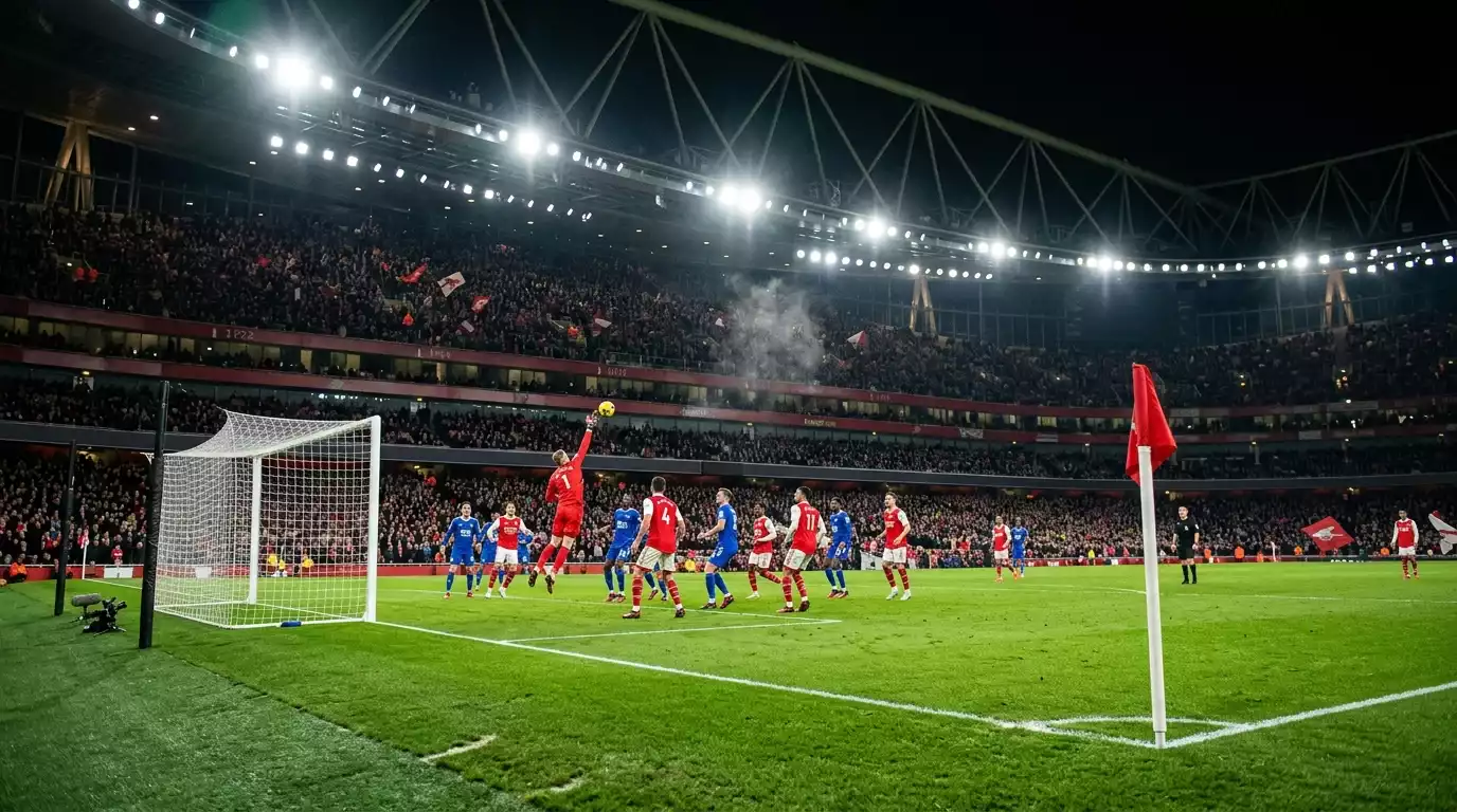 Premier League stadium under floodlights during a Saturday evening match in England