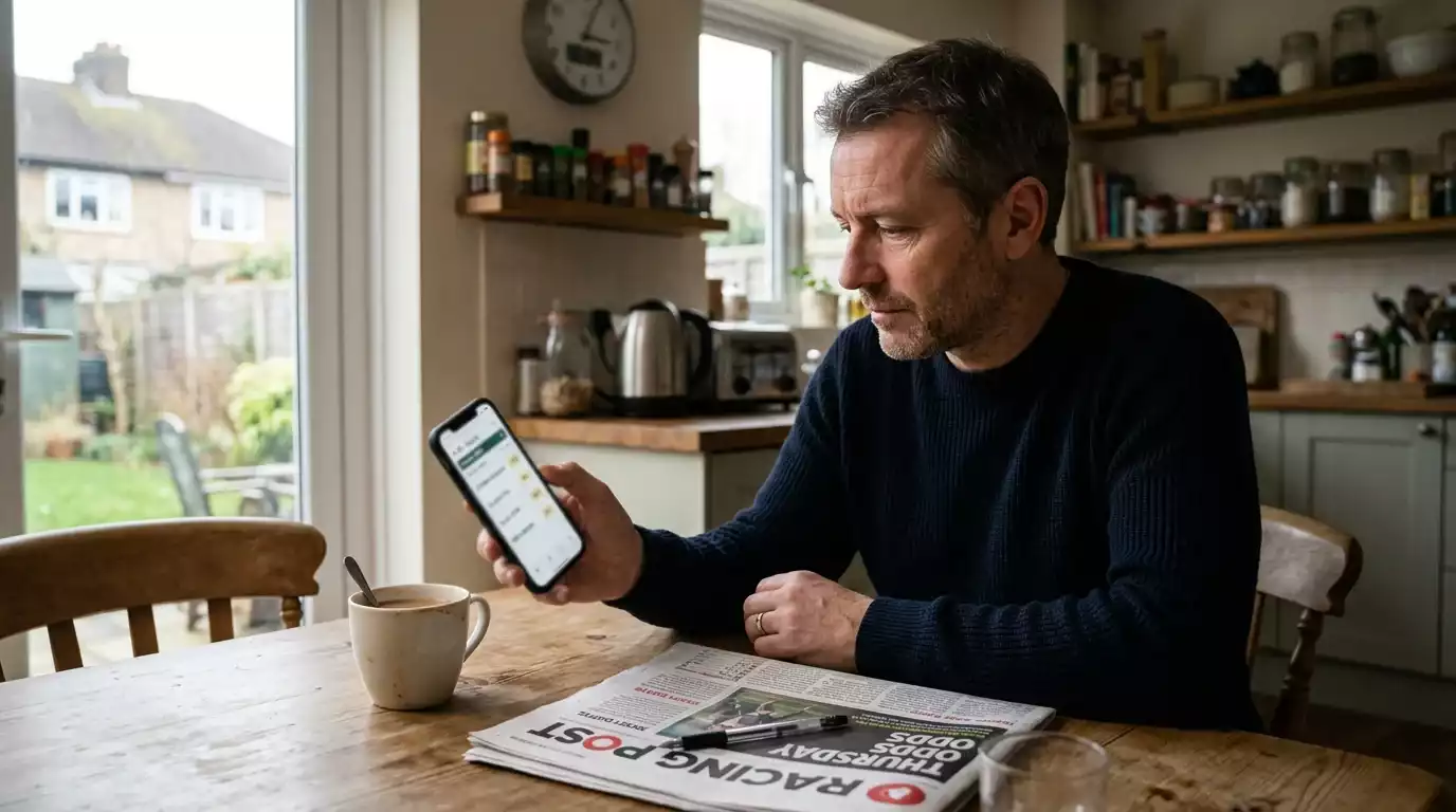 UK punter checking early-price racing odds on a smartphone before the off
