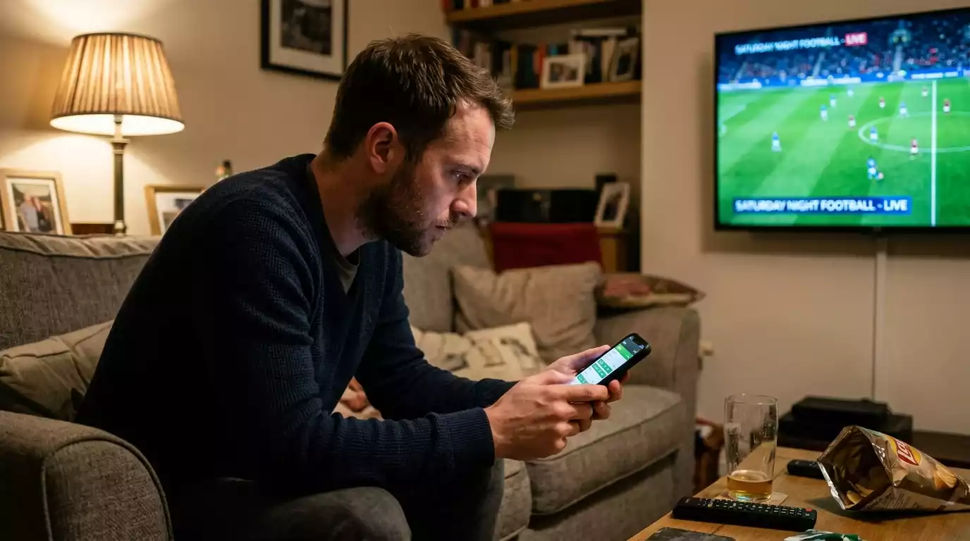 UK punter placing a live in-play bet on a mobile sportsbook during a Premier League match