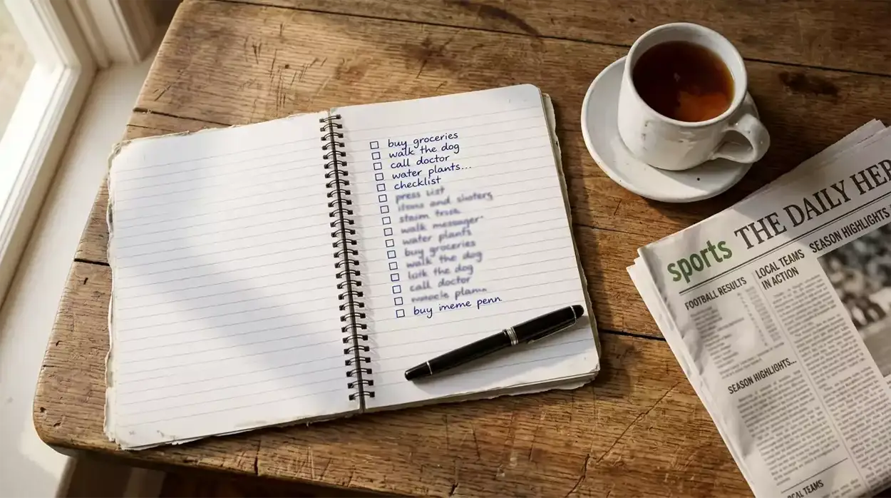 Open notebook with a hand-written pre-bet shortlist on a wooden desk next to a mug of tea