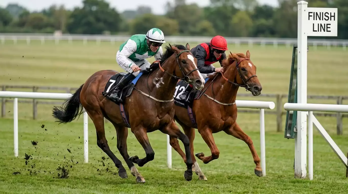 Horses crossing the finishing post at a UK racecourse in a tight photo finish