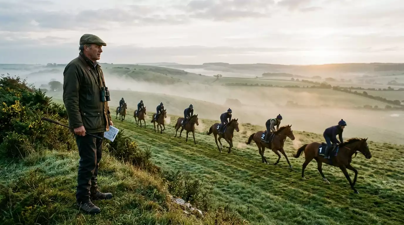Trainer watching string of racehorses on the morning gallops at a British training yard