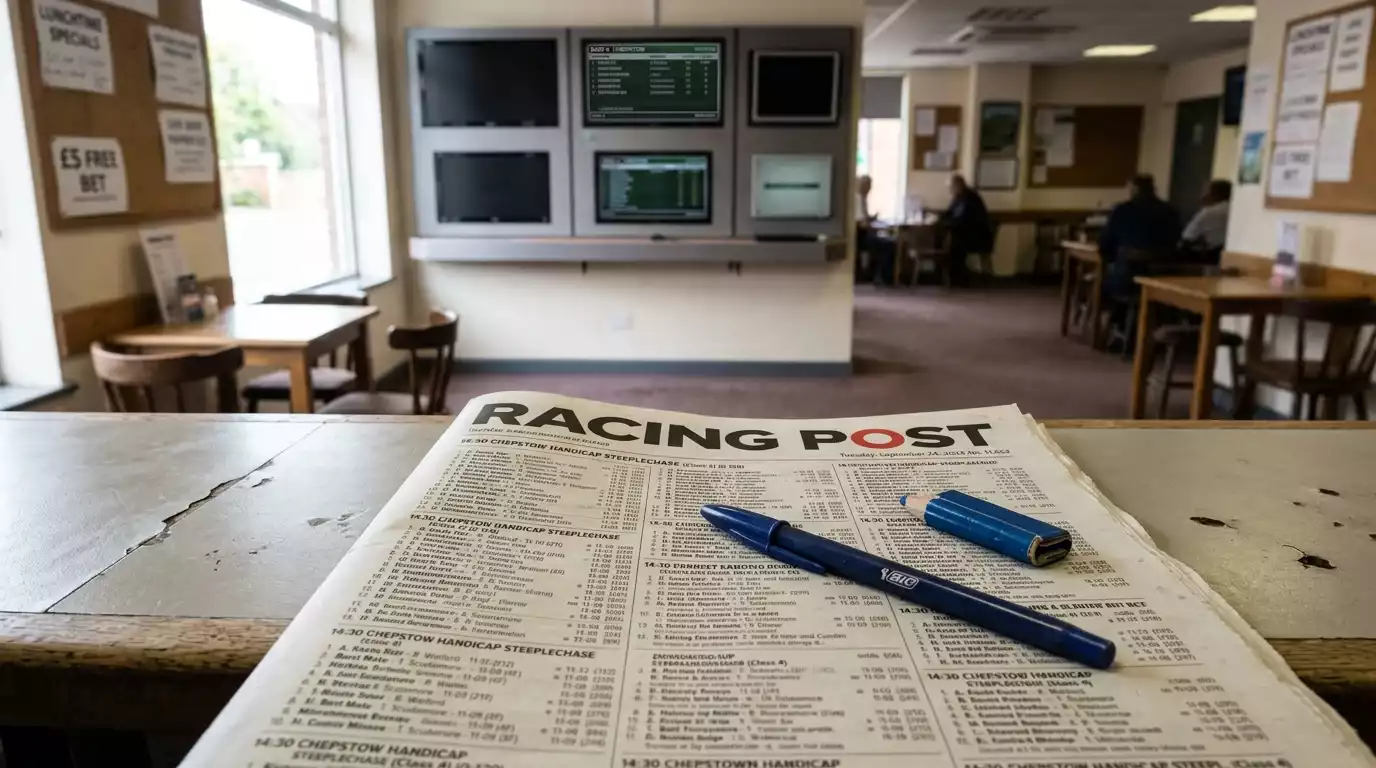 Racing form newspaper spread out on a high-street betting shop counter in Britain