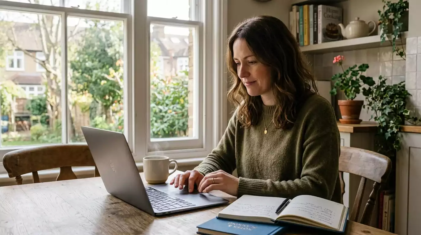 A British woman at a kitchen table calmly adjusting deposit-limit settings on a casino account in her laptop browser