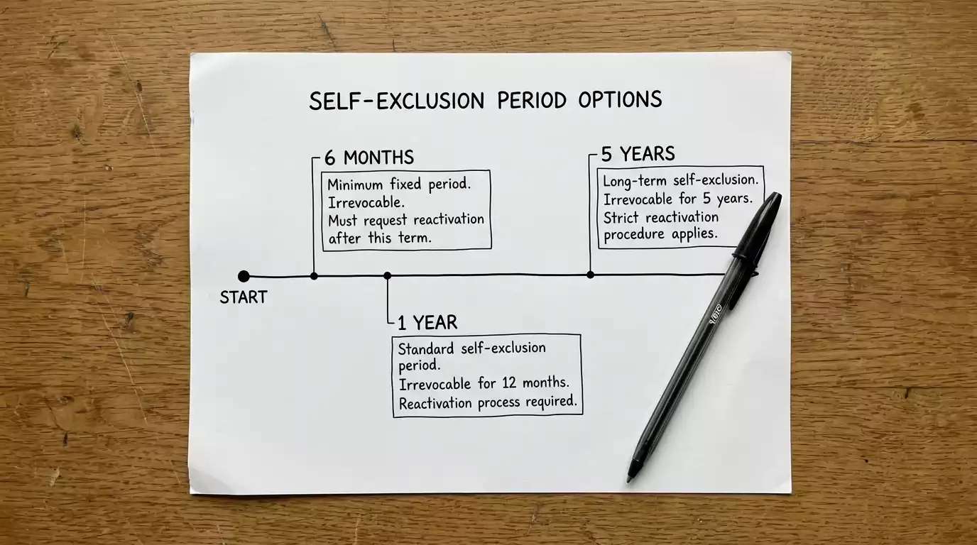 Timeline diagram showing six-month, one-year and five-year GAMSTOP self-exclusion period options