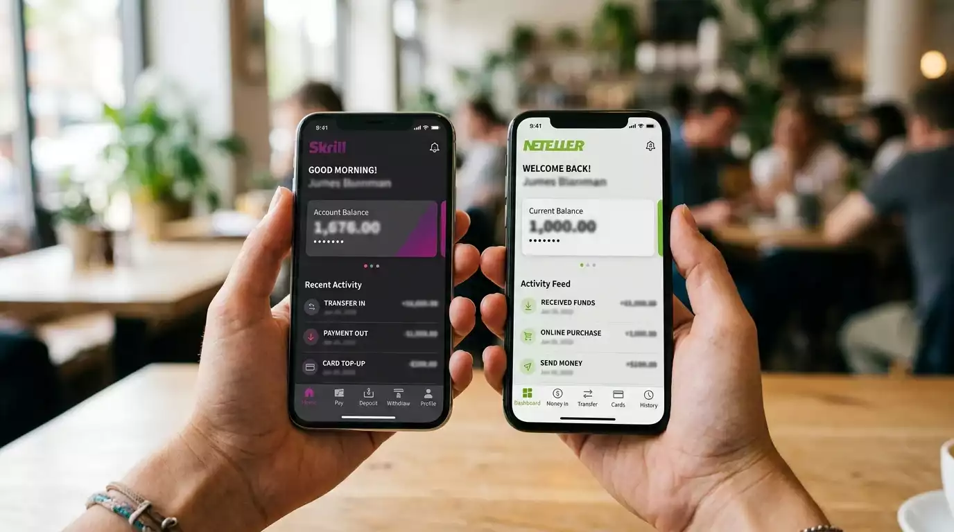 Mobile screens comparing Skrill and Neteller wallet interfaces
