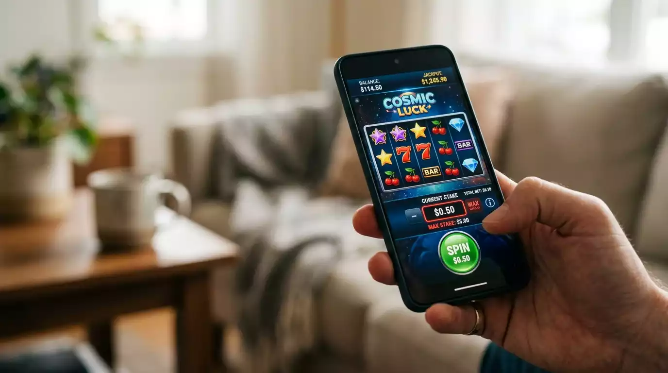 Mobile slot game interface with stake input limited under the UK cap