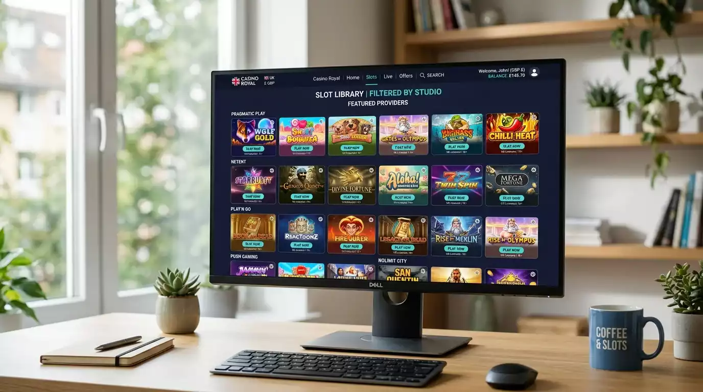 Slot lobby filtered by studio supplier showing varied game catalogue