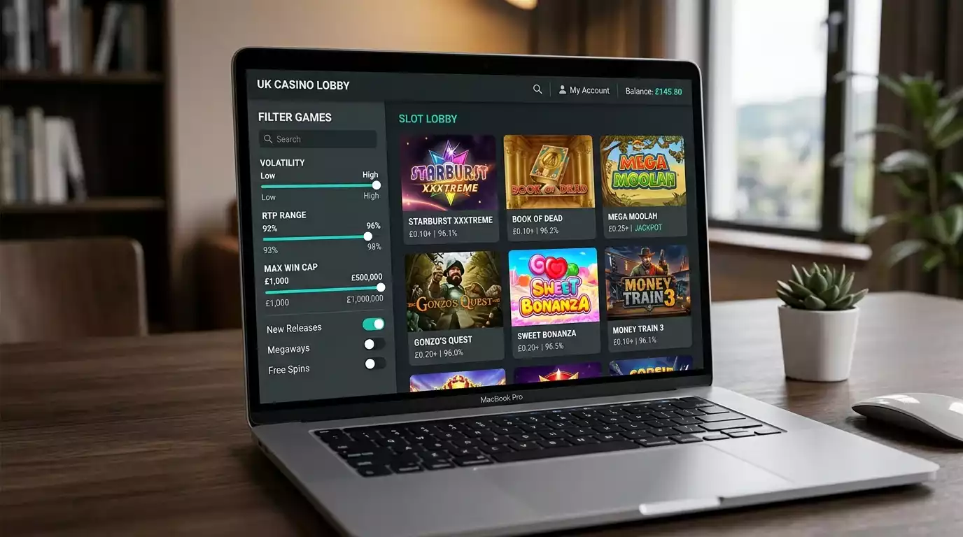 Slot lobby filter controls for volatility, RTP and max win