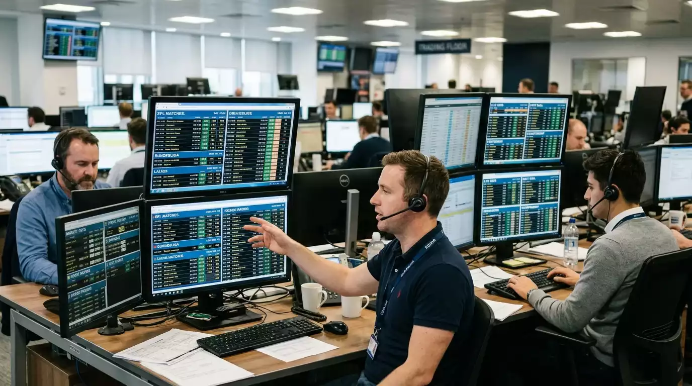 Sportsbook trading desk operators watching live football prices on multiple monitors