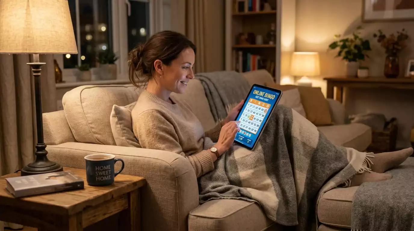 Player using a tablet for an evening bingo session at home