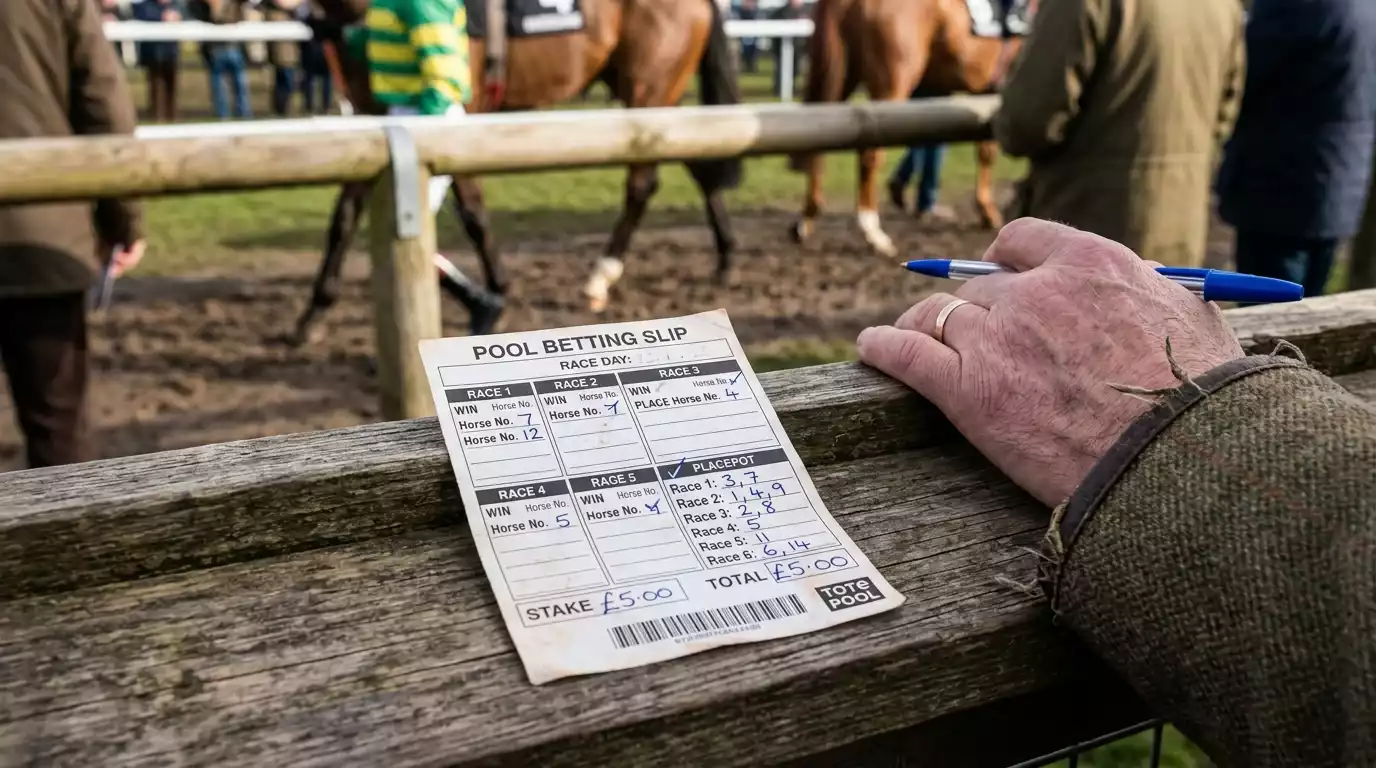 Tote Placepot betting slip filled in by hand at a British racecourse