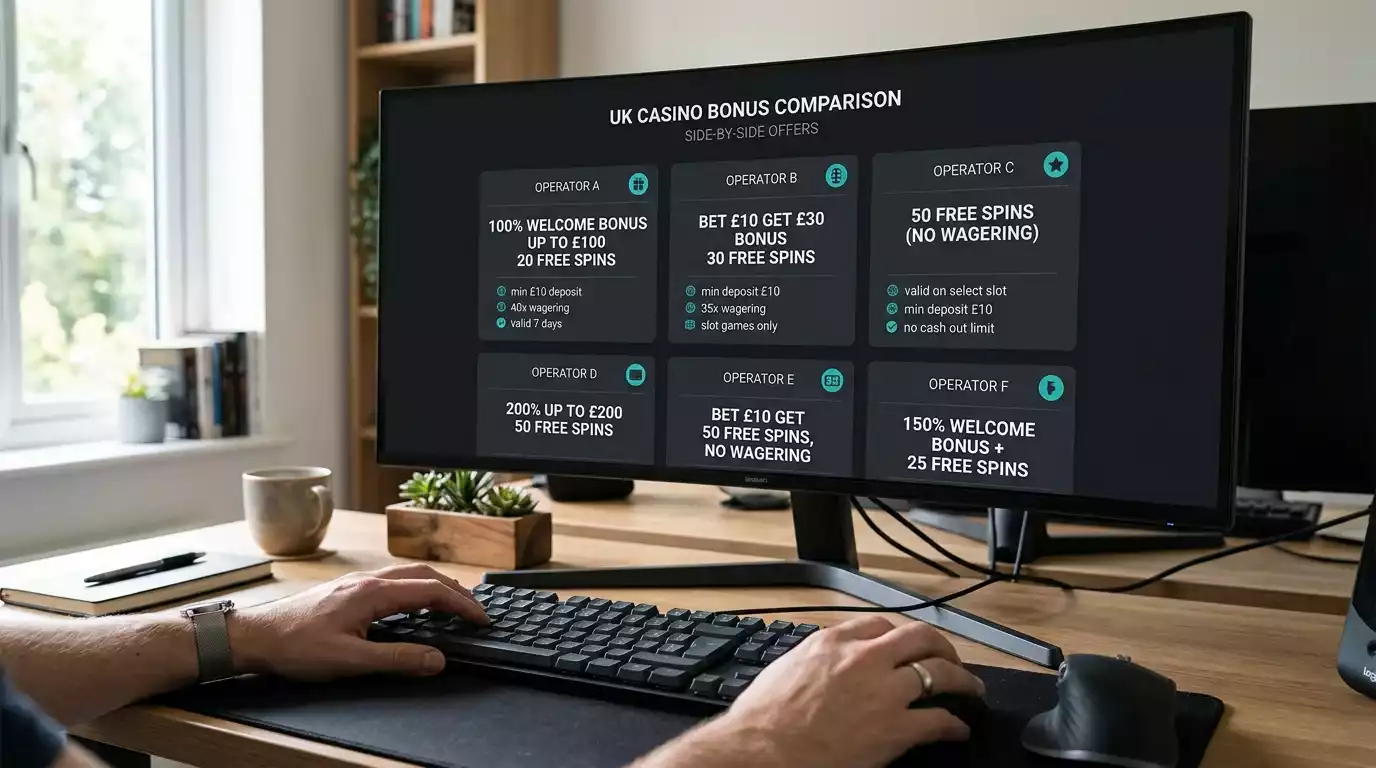 UK casino bonus offer comparison landscape across several British operators in 2026